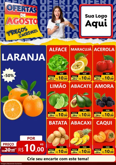 Modelo de Encarte para Encarte A4 Vertical com o tema Ofertas de Agosto - Preços Incríveis para Hortifrúti