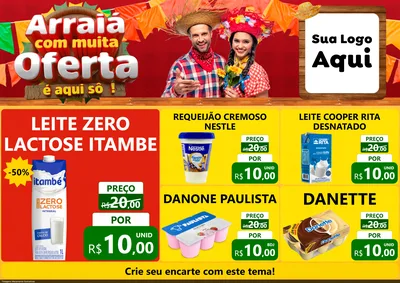 Modelo de Encarte para Encarte A4 Horizontal com o tema Arraiá Com Muita Oferta - É Aqui Sô! para Frios e Laticínios