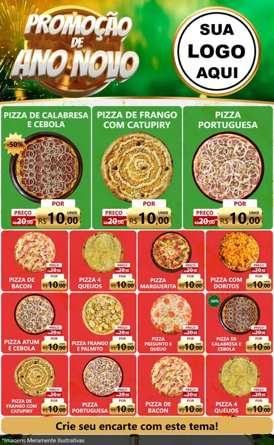 Modelo de Encarte para Encarte Grande com o tema Promoção de Ano Novo para Pizzaria