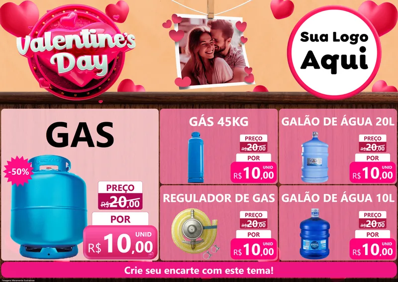 Modelo de Encarte para Encarte A4 Horizontal com o tema Valentine's Day para Água e gás