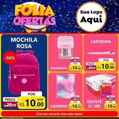 Modelo de Rede Social para Feed Facebook com o tema Folia de Ofertas para Papelaria