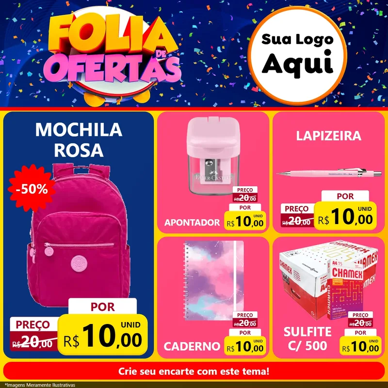 Modelo de Rede Social para Feed Facebook com o tema Folia de Ofertas para Papelaria