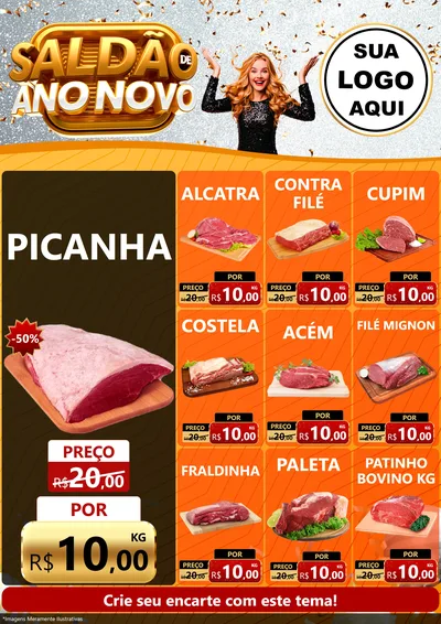 Modelo de Encarte para Encarte A4 Vertical com o tema Saldão de Ano Novo para Açougue