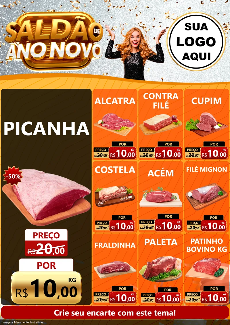 Modelo de Encarte para Encarte A4 Vertical com o tema Saldão de Ano Novo para Açougue
