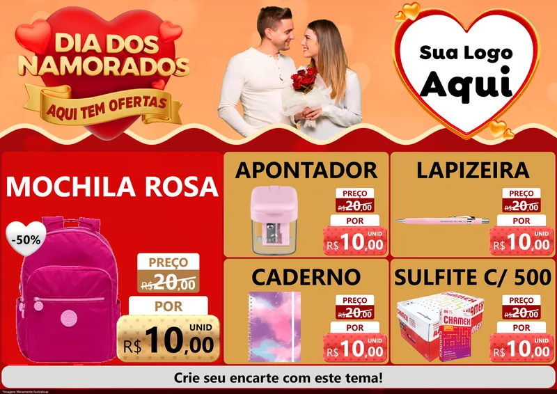 Modelo de Encarte para Encarte A4 Horizontal com o tema Dia dos Namorados - Aqui Tem Ofertas para Papelaria