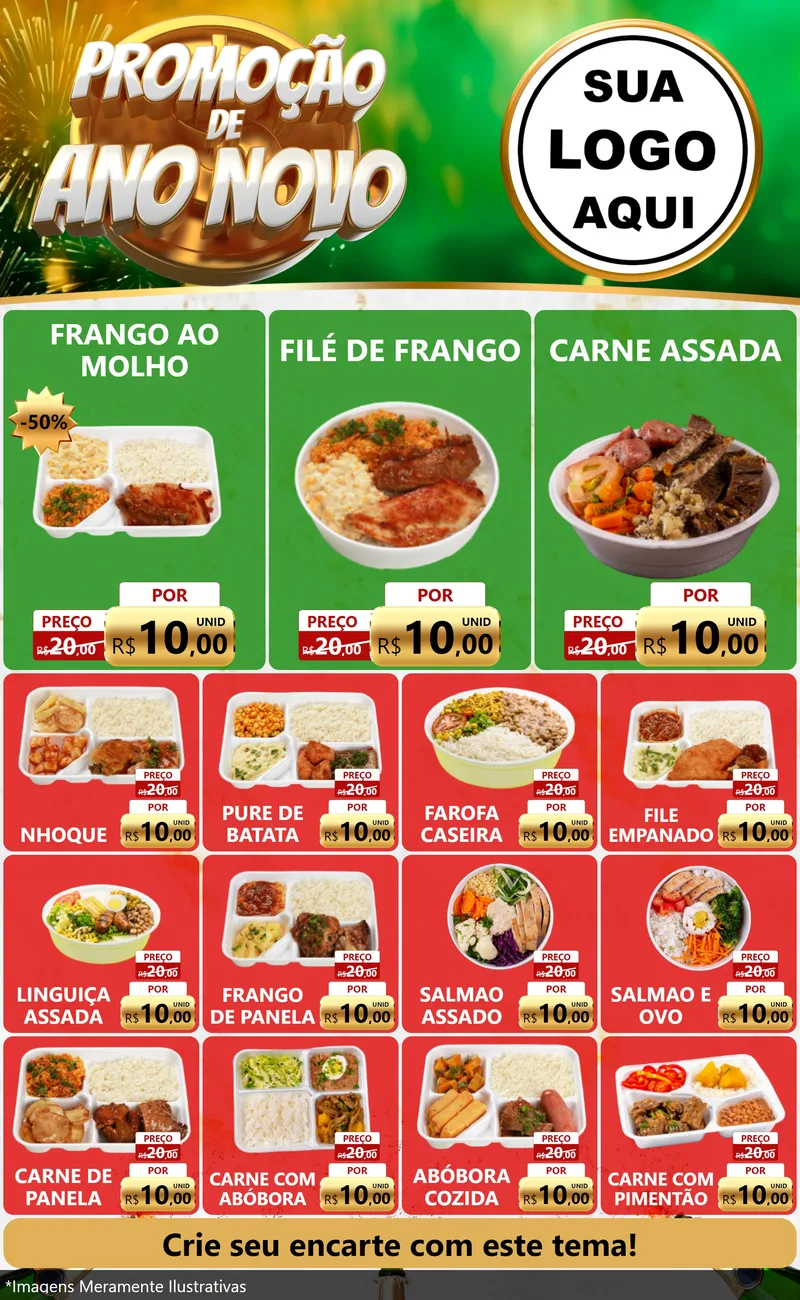 Modelo de Encarte para Encarte Grande com o tema Promoção de Ano Novo para Restaurante