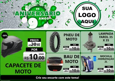 Modelo de Encarte para Encarte A4 Horizontal com o tema Promoção de Aniversário - 9 Anos para Moto peças