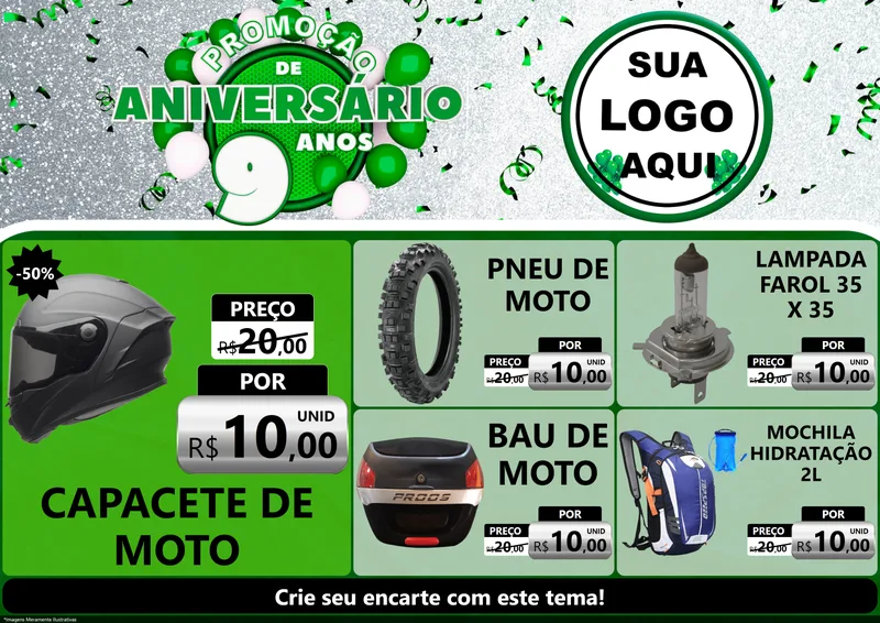 Modelo de Encarte para Encarte A4 Horizontal com o tema Promoção de Aniversário - 9 Anos para Moto peças
