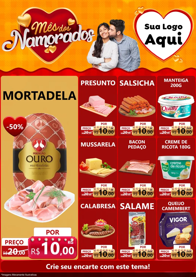 Modelo de Encarte para Encarte A4 Vertical com o tema Mês dos Namorados para Frios e Laticínios