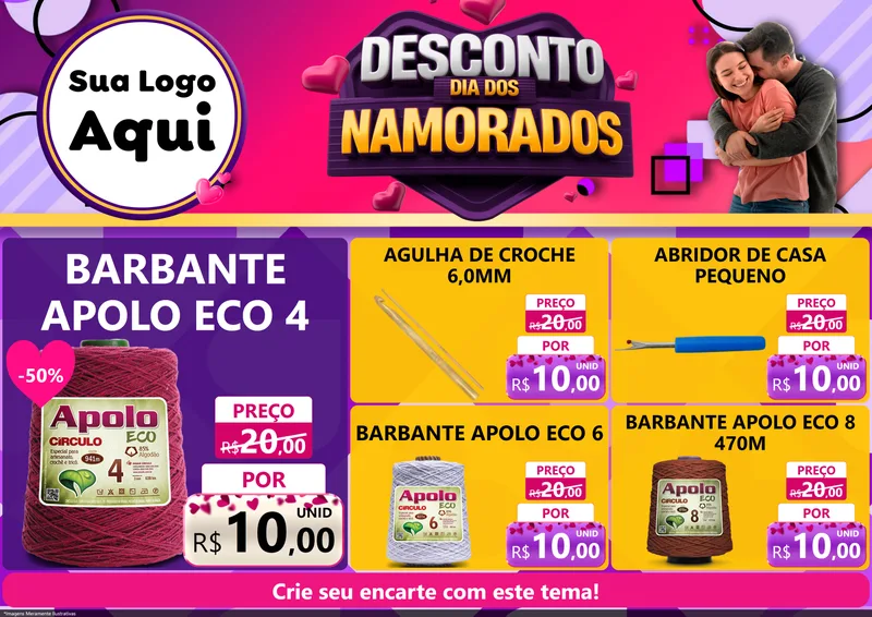 Modelo de Encarte para Encarte A4 Horizontal com o tema Desconto Dia dos Namorados para Armarinho e Aviamentos
