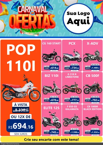 Modelo de Encarte para Encarte A4 Vertical com o tema Carnaval de Ofertas para Concessionaria de Motos