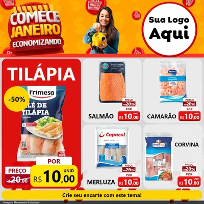 Modelo de Rede Social para Feed Facebook com o tema Comece Janeiro Economizando para Peixaria