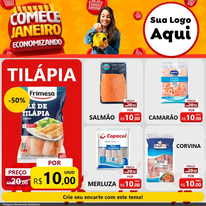 Modelo de Rede Social para Feed Facebook com o tema Comece Janeiro Economizando para Peixaria