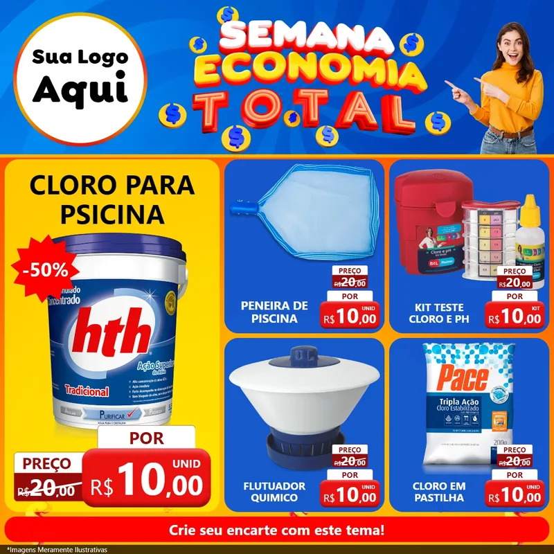 Modelo de Rede Social para Feed Facebook com o tema Semana Economia Total para Produtos para Piscina