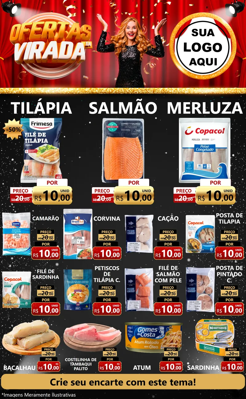 Modelo de Encarte para Encarte Grande com o tema Ofertas da Virada para Peixaria