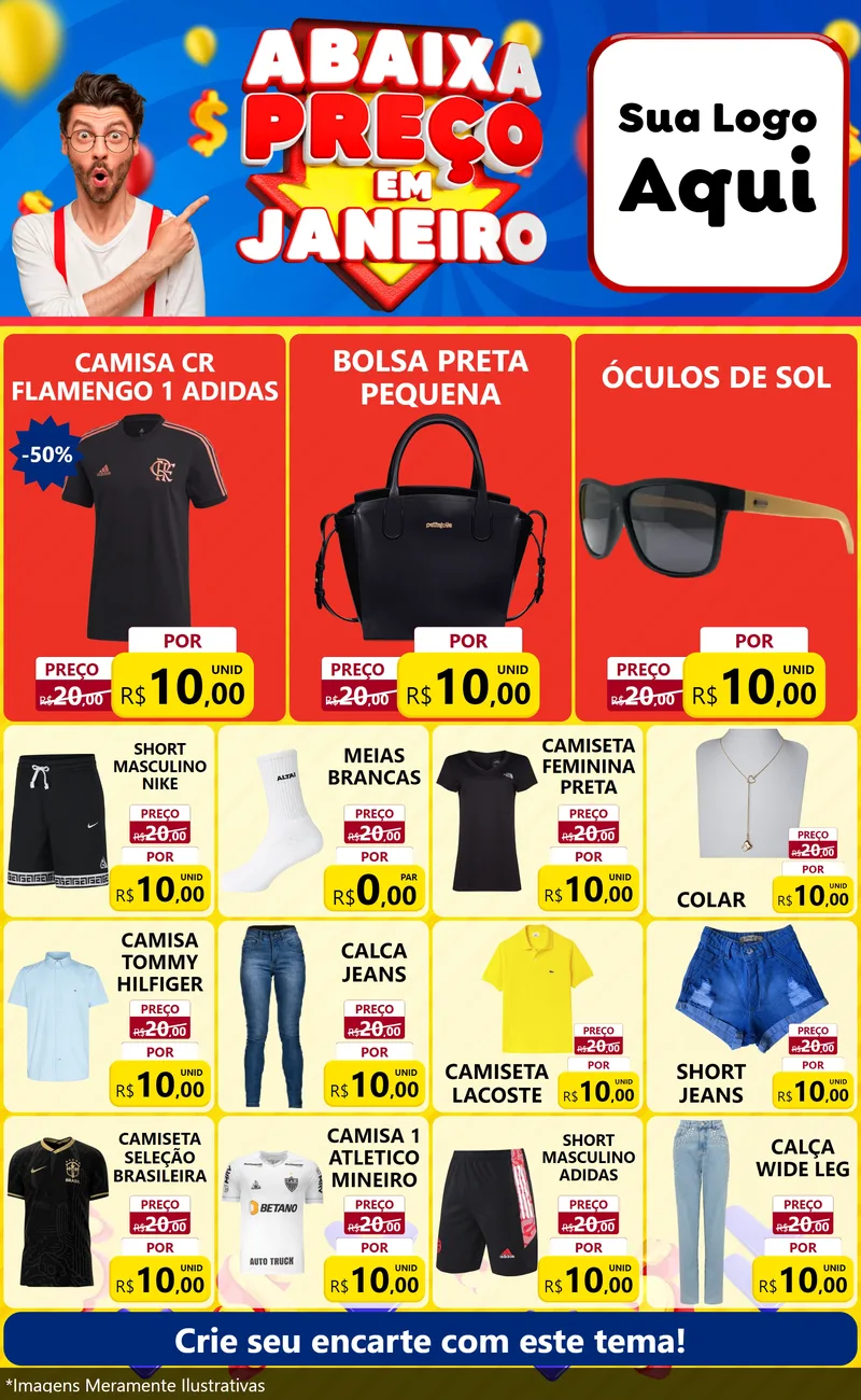Modelo de Encarte para Encarte Grande com o tema Abaixa Preço em Janeiro para Roupas e acessórios