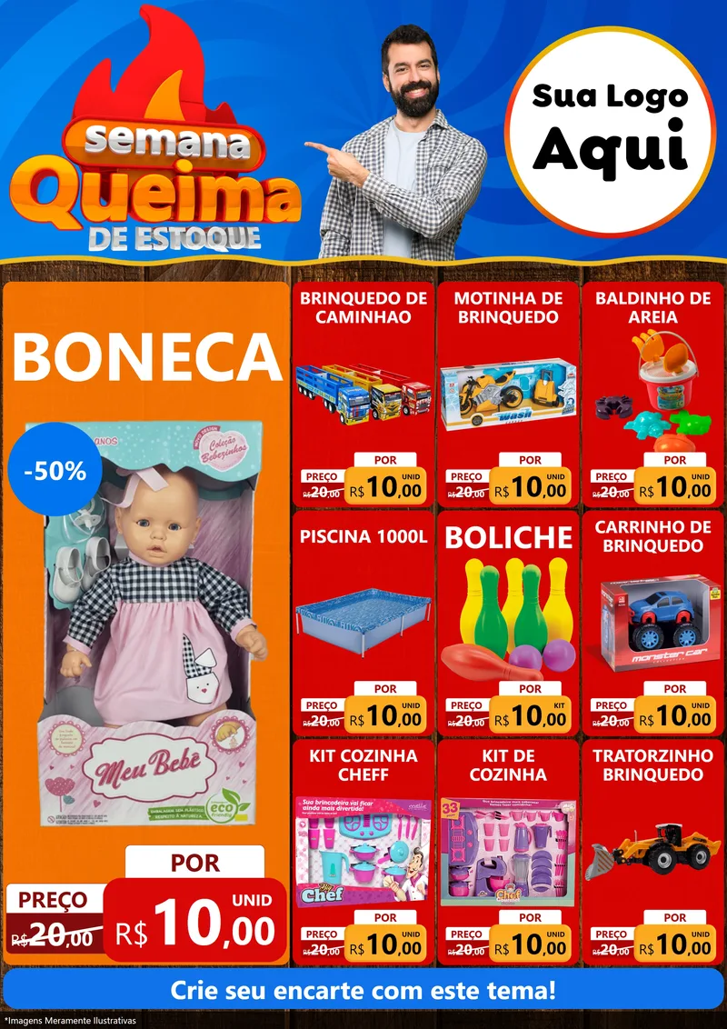Modelo de Encarte para Encarte A4 Vertical com o tema Semana Queima de Estoque para Brinquedos