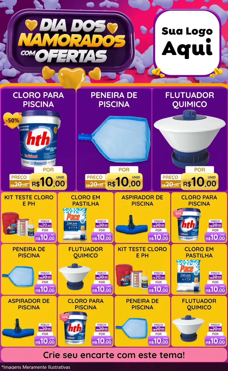 Modelo de Encarte para Encarte Grande com o tema Dia Dos Namorados Com Ofertas para Produtos para Piscina