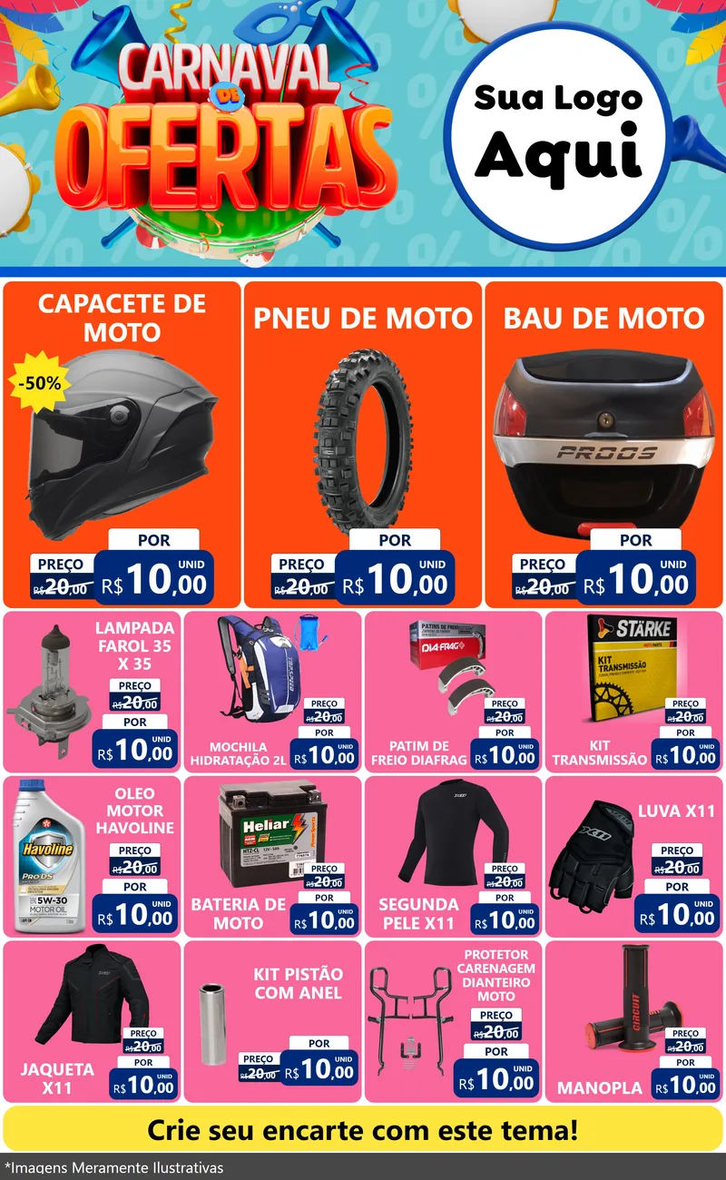 Modelo de Encarte para Encarte Grande com o tema Carnaval de Ofertas para Moto peças