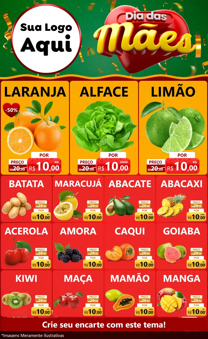 Modelo de Encarte para Encarte Grande com o tema Dia das Mães para Hortifrúti