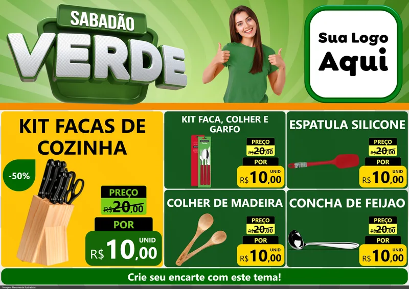 Modelo de Encarte para Encarte A4 Horizontal com o tema Sabadão Verde para Utilidades Domésticas