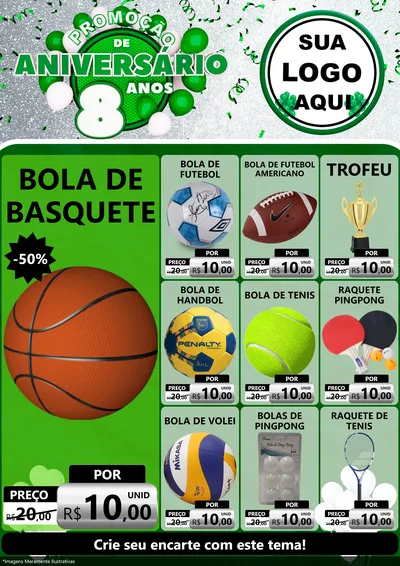 Modelo de Encarte para Encarte A4 Vertical com o tema Promoção de Aniversário - 8 Anos para Artigos Esportivos