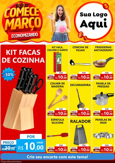 Modelo de Encarte para Encarte A4 Vertical com o tema Comece Março Economizando para Utilidades Domésticas