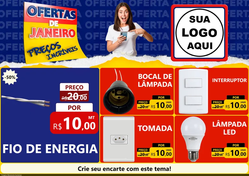 Modelo de Encarte para Encarte A4 Horizontal com o tema Ofertas de Janeiro - Preços Incríveis para Materiais Elétricos