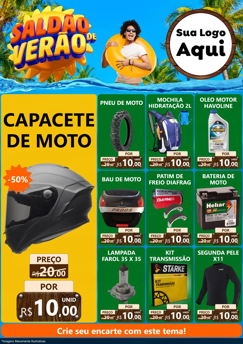Modelo de Encarte para Encarte A4 Vertical com o tema Saldão de Verão para Moto peças