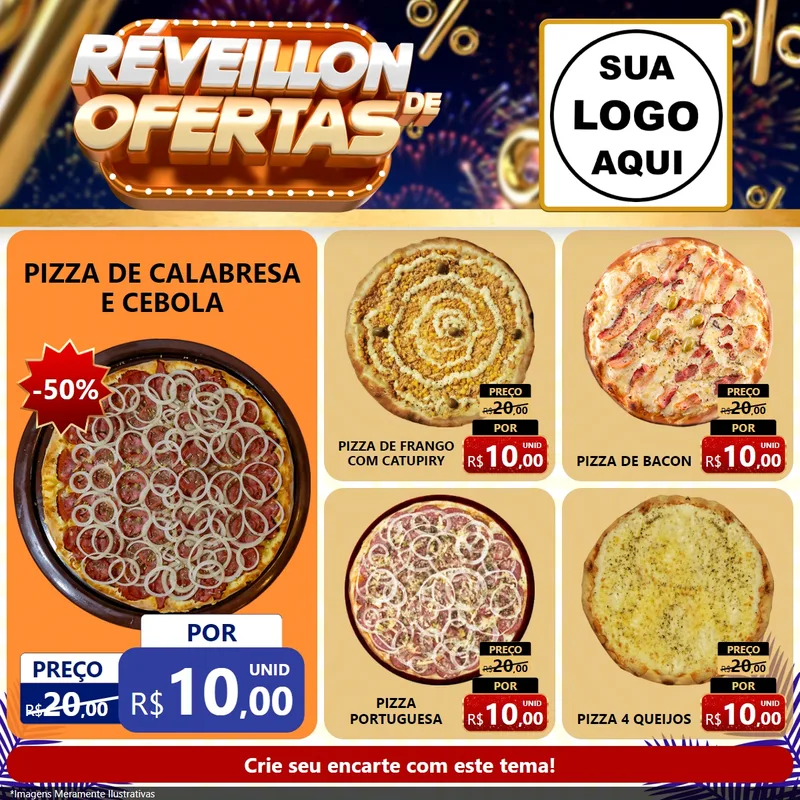 Modelo de Rede Social para Feed Facebook com o tema Réveillon de Ofertas para Pizzaria