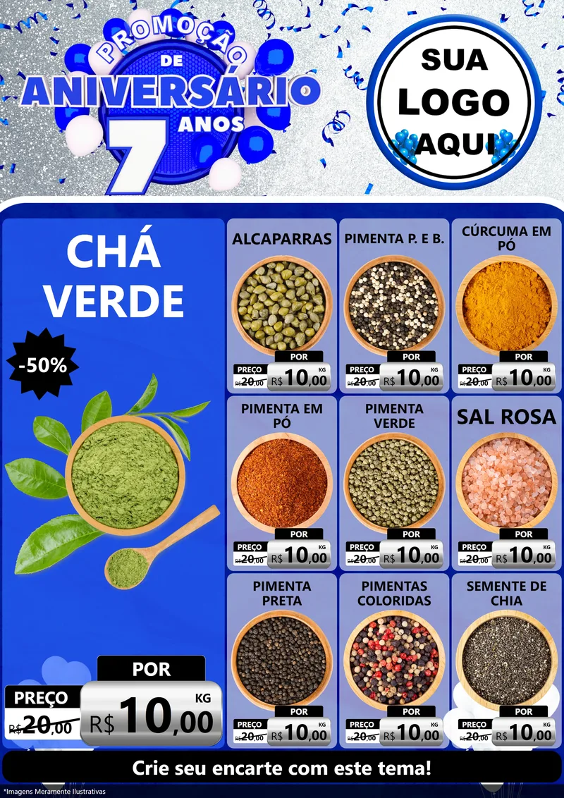 Modelo de Encarte para Encarte A4 Vertical com o tema Promoção de Aniversário - 7 Anos para Produtos Naturais