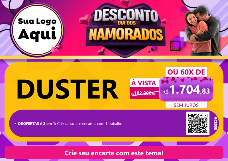 Modelo de Cartaz para Cartaz A4 Horizontal com o tema Desconto Dia dos Namorados para Concessionaria de Carros