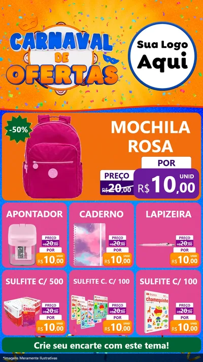 Modelo de Rede Social para Stories com o tema Carnaval de Ofertas para Papelaria