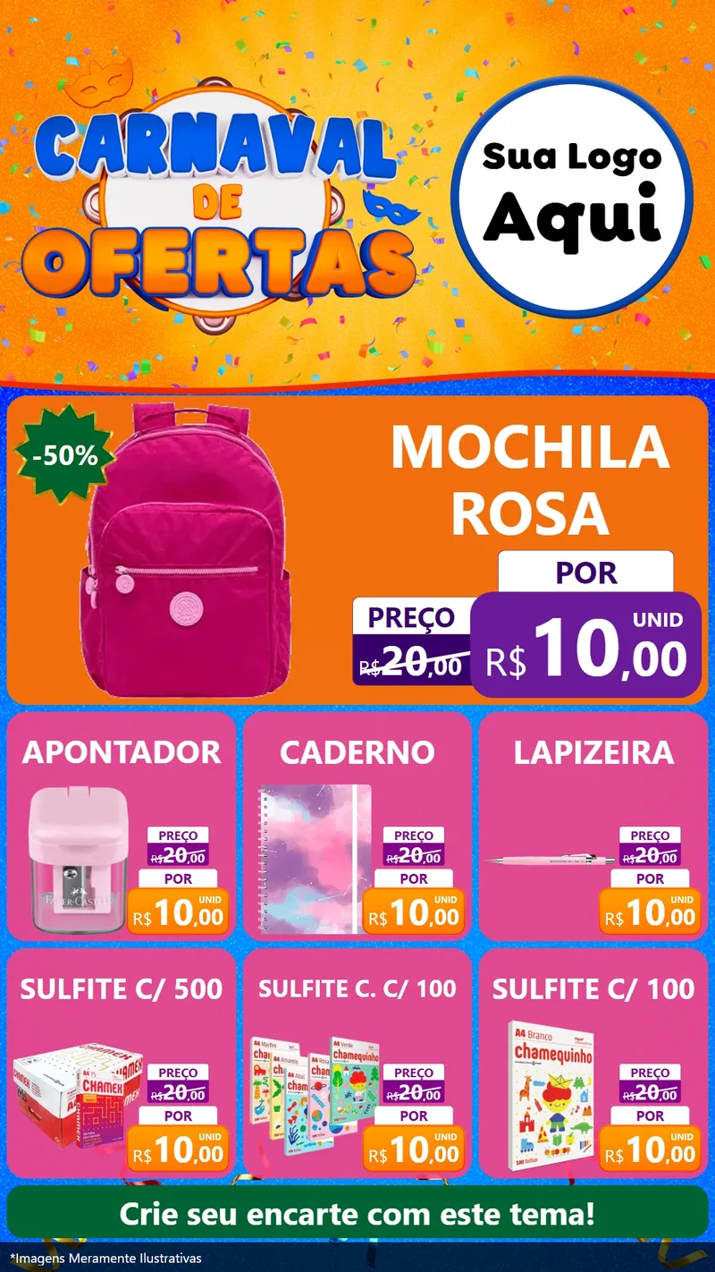 Modelo de Rede Social para Stories com o tema Carnaval de Ofertas para Papelaria