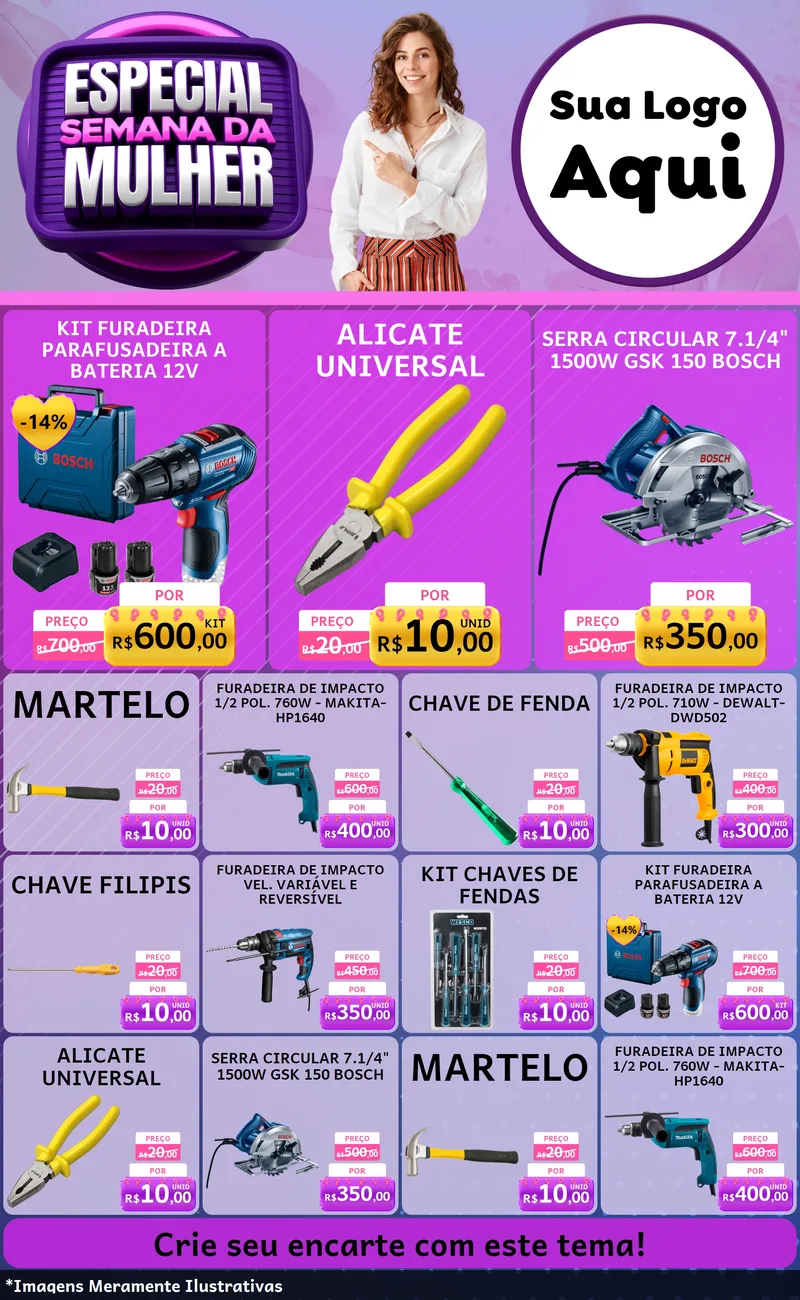 Modelo de Encarte para Encarte Grande com o tema Especial Semana da Mulher para Maquinas e Ferramentas