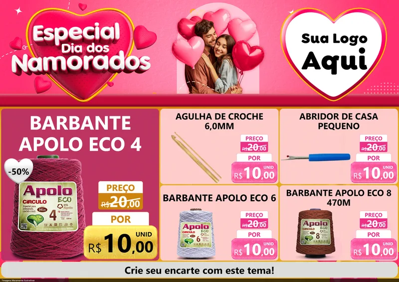 Modelo de Encarte para Encarte A4 Horizontal com o tema Especial Dia dos Namorados para Armarinho e Aviamentos