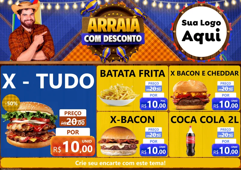 Modelo de Encarte para Encarte A4 Horizontal com o tema Arraiá Com Desconto para Hamburgueria