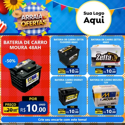 Modelo de Rede Social para Feed Facebook com o tema Arraiá de Ofertas para Baterias Elétricas