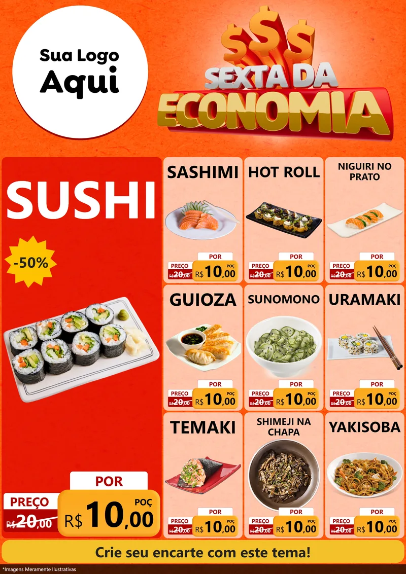 Modelo de Encarte para Encarte A4 Vertical com o tema Sexta da Economia para Comida japonesa
