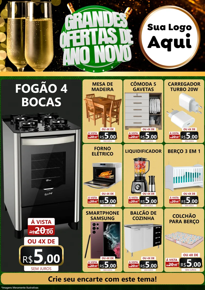 Modelo de Encarte para Encarte A4 Vertical com o tema Grandes Ofertas de Ano Novo para Móveis e Eletro