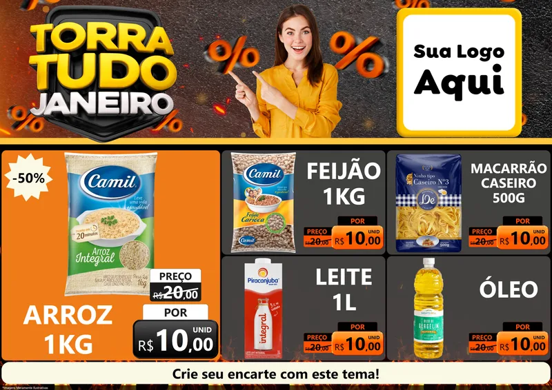 Modelo de Encarte para Encarte A4 Horizontal com o tema Torra Tudo Janeiro para Supermercado