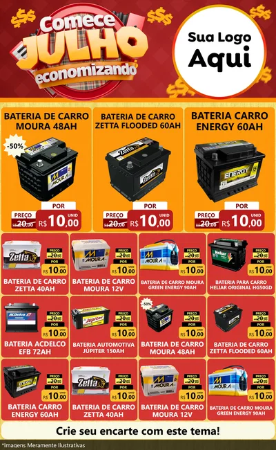 Modelo de Encarte para Encarte Grande com o tema Comece Julho Economizando para Baterias Elétricas