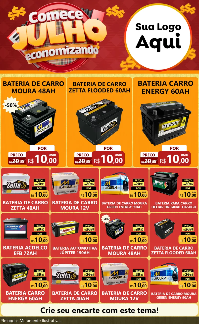 Modelo de Encarte para Encarte Grande com o tema Comece Julho Economizando para Baterias Elétricas
