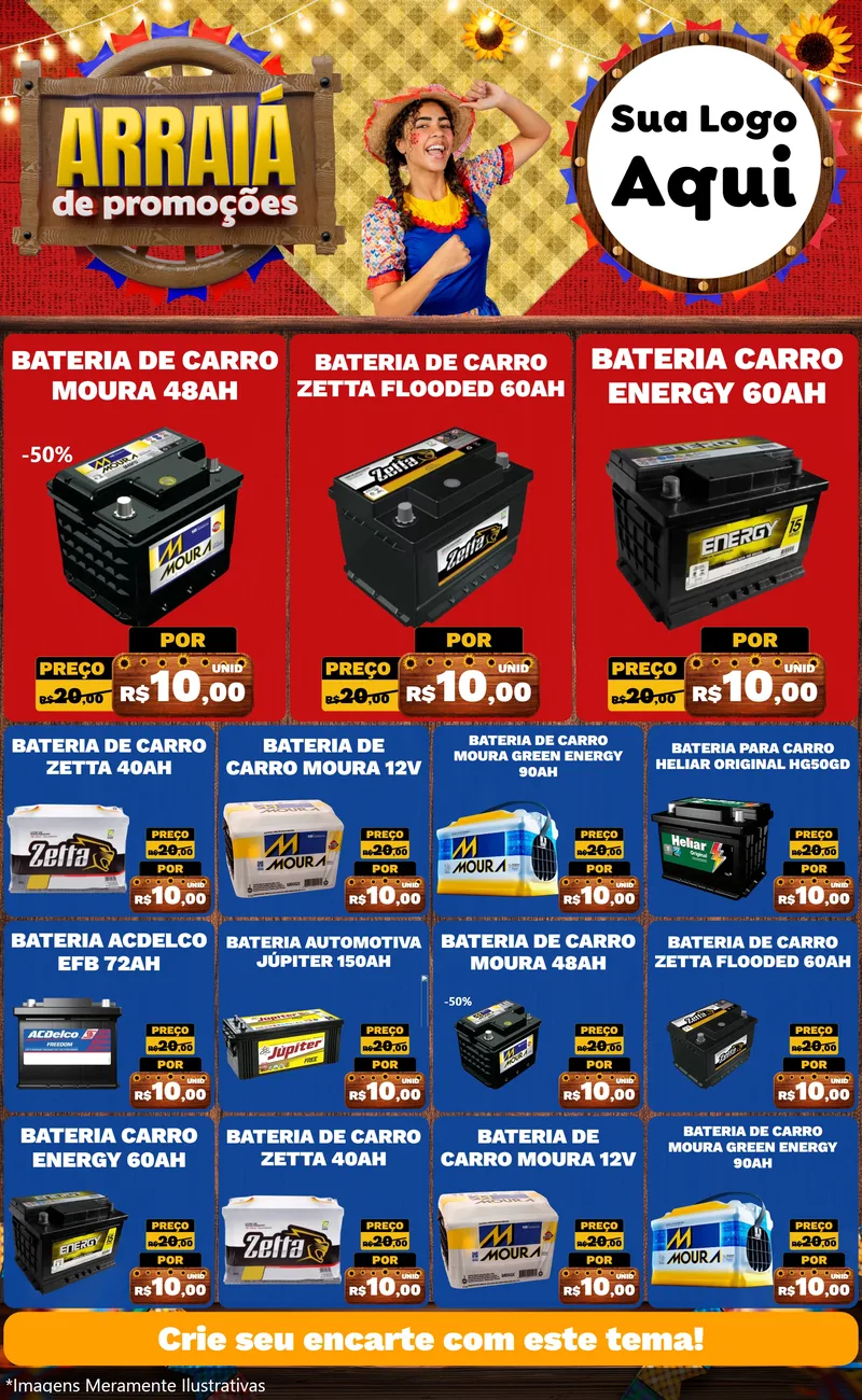 Modelo de Encarte para Encarte Grande com o tema Arraiá de Promoções para Baterias Elétricas