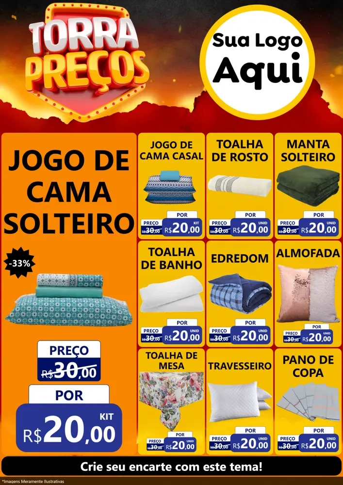 Modelo de Encarte para Encarte A4 Vertical com o tema Torra Preços para Cama, Mesa e Banho