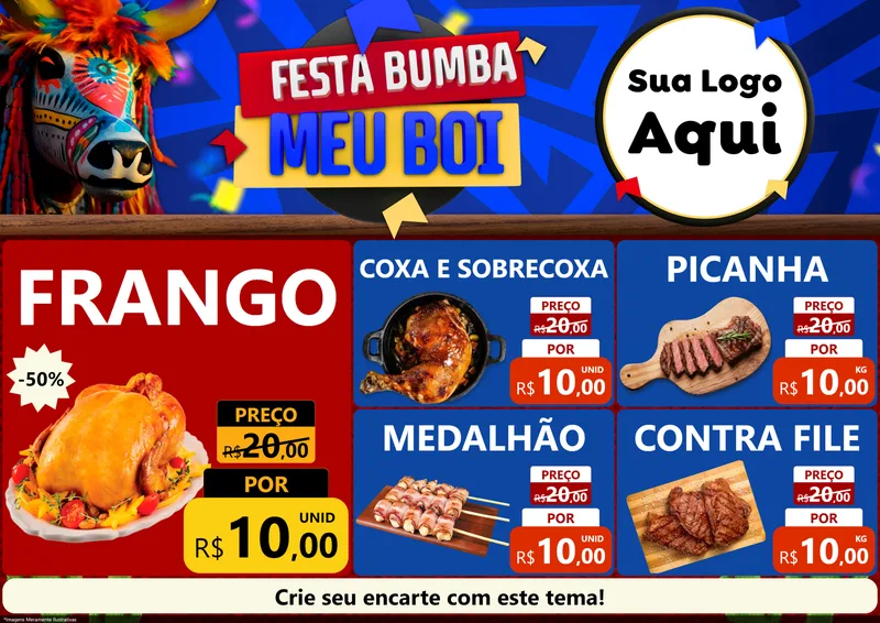 Modelo de Encarte para Encarte A4 Horizontal com o tema Festa Bumba meu Boi para Assados
