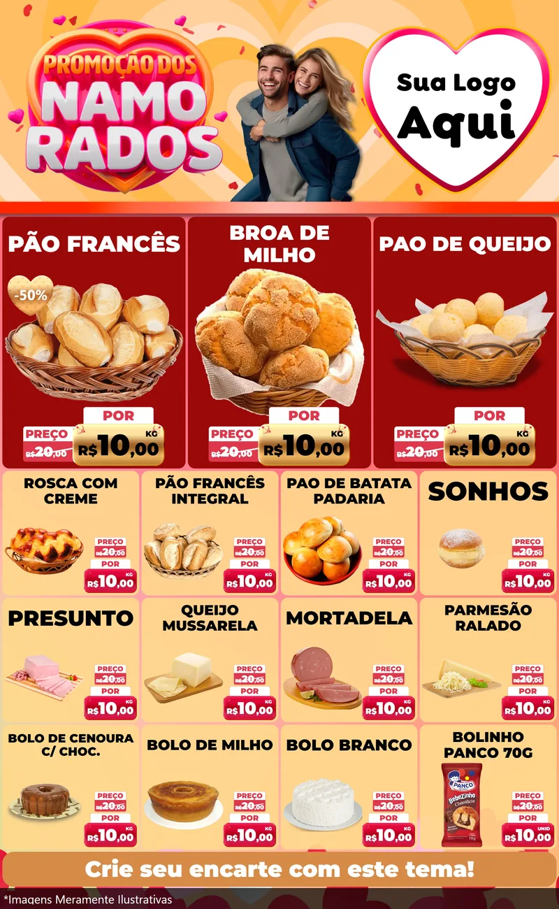 Modelo de Encarte para Encarte Grande com o tema Promoção dos Namorados para Padaria