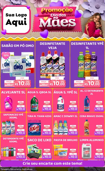 Modelo de Encarte para Encarte Grande com o tema Promoção Dia das Mães para Produtos de Limpeza