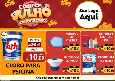 Modelo de Encarte para Encarte A4 Horizontal com o tema Comece Julho Economizando para Produtos para Piscina