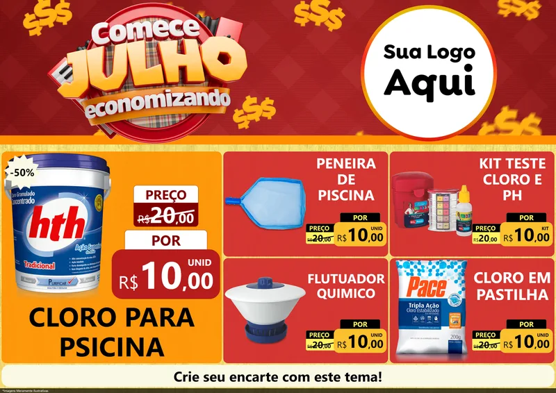 Modelo de Encarte para Encarte A4 Horizontal com o tema Comece Julho Economizando para Produtos para Piscina